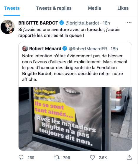 Le Tweet de Brigitte Bardot en réponse aux affiches du maire de Béziers sur sa vie amoureuse passée.
