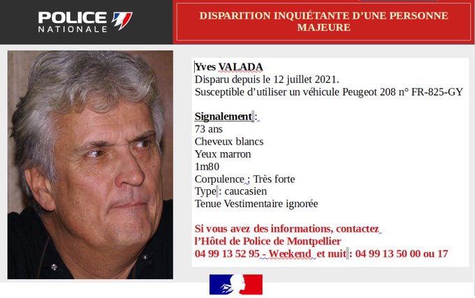 La fiche d'appel à témoins relative à la disparition d'Yves Valada.