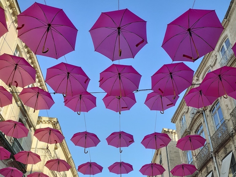 Les parapluies rose installés rue de la Loge à Montpellier dans le cadre d'Octobre rose © Arthur Lansonneur