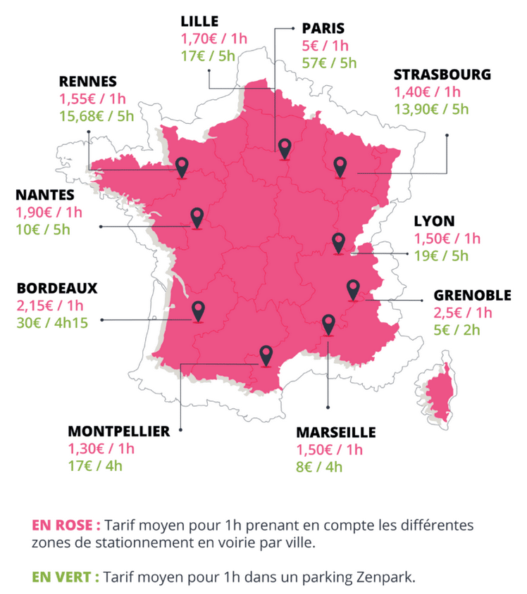 Carte des prix de stationnement par villes françaises