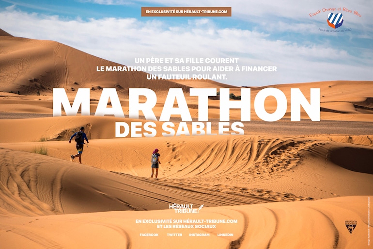 L'affiche de la course père-fille du Marathon des sables 2023 © Adobe Stock - photo retouchée réalisation Loïc Espinasse / Hérault Tribune.