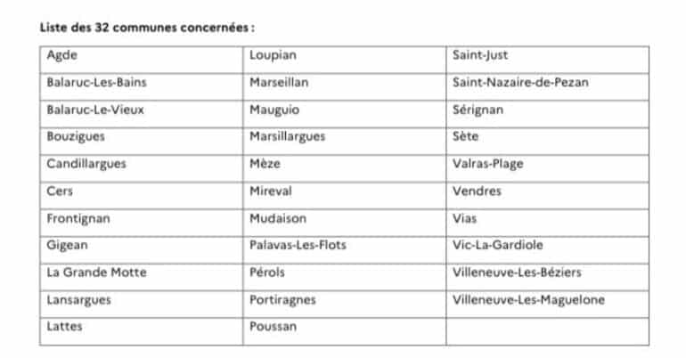 Liste des villes concernées © Préfet de l'Hérault