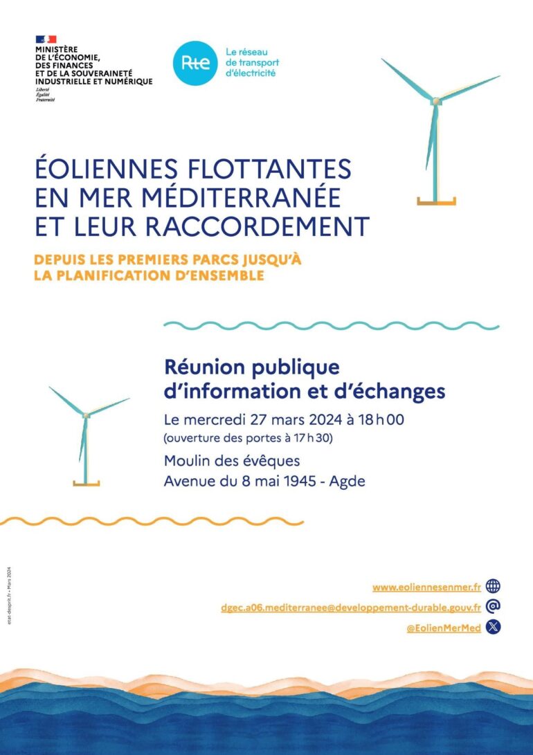 Eoliennes flottantes en Méditerranée, réunion publique le 27 mars 2024, à Agde